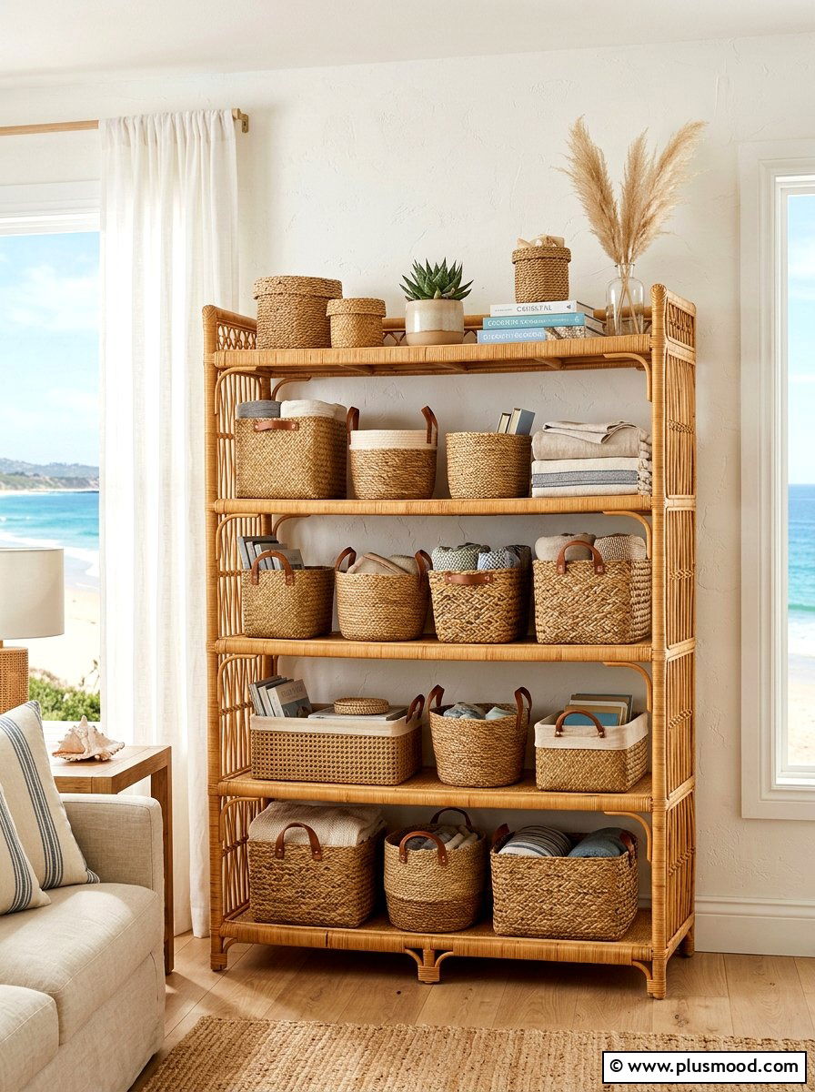 Woven seagrass baskets - 25 summer shelf decor ideas