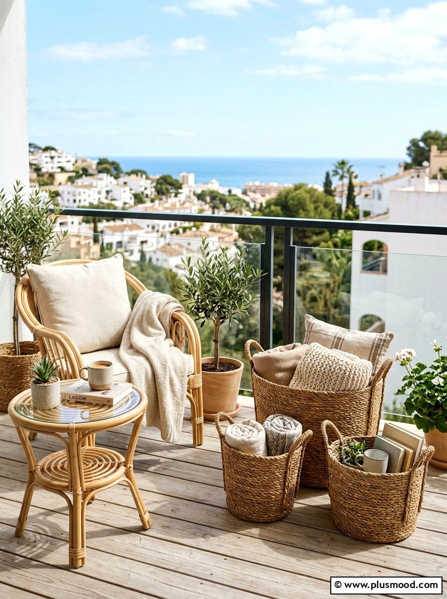 Woven storage baskets - 25 summer balcony ideas on a budget