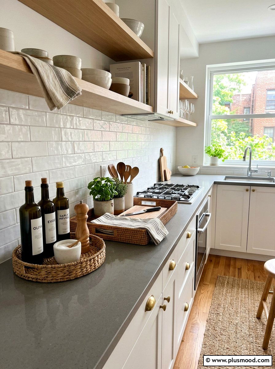 Woven tray organizer - 25 summer kitchen decor ideas for apartments