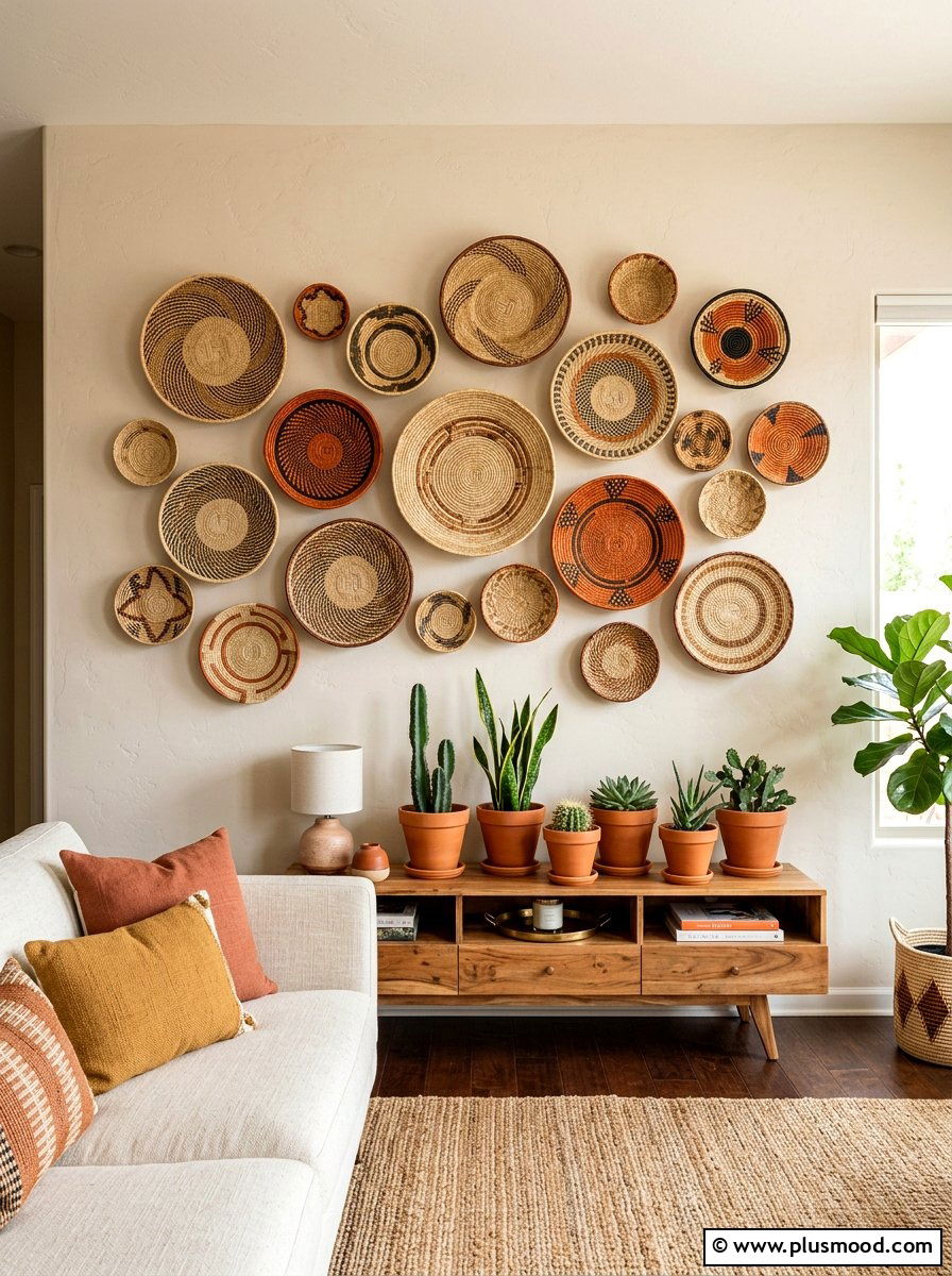 Woven wall basket decor - 25 summer to fall living room decor ideas
