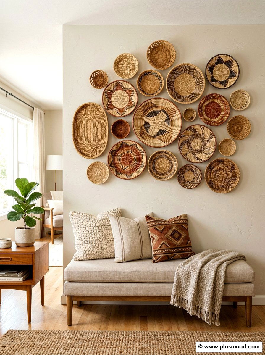 Woven wicker basket wall gallery - 25 summer French country summer decor ideas