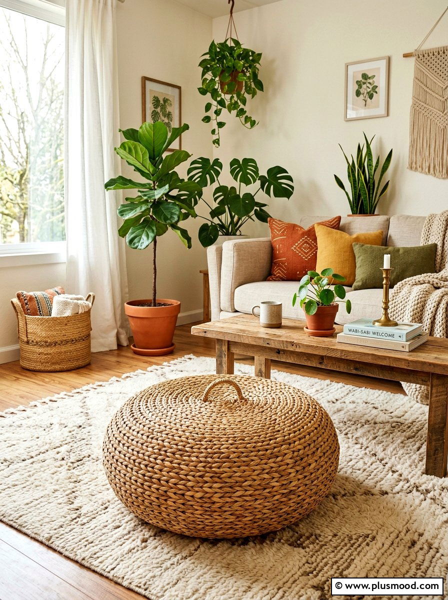 Woven wicker floor pouf - 25 summer family room decor ideas