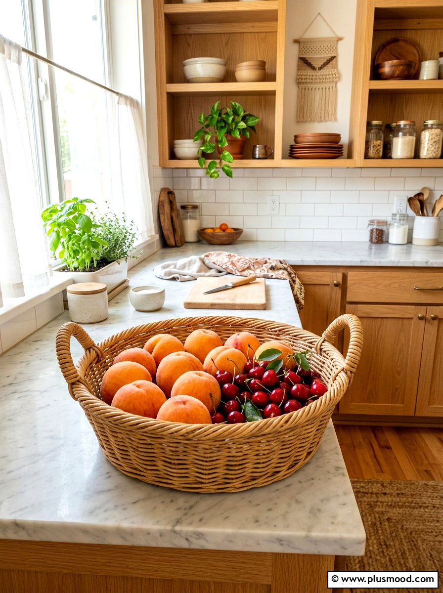 Woven wicker fruit basket - 25 summer kitchen centerpiece ideas