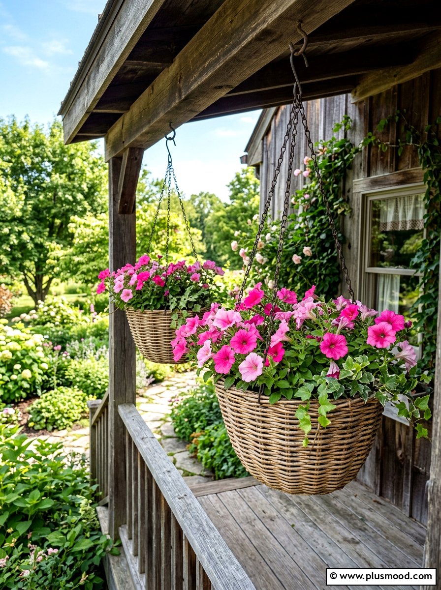 Woven wicker hanging baskets - 25 small backyard ideas with hanging plants