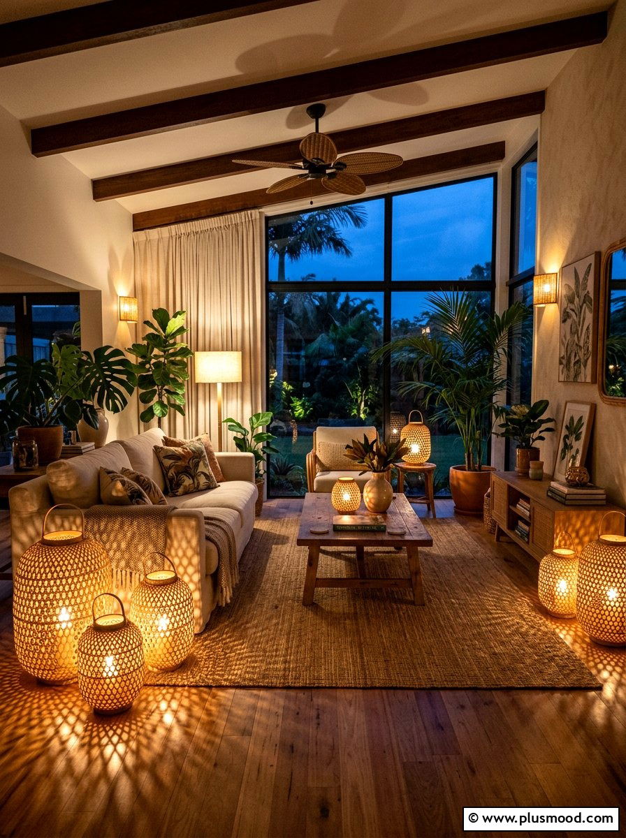 Woven wicker lanterns - 25 summer tropical home decor ideas