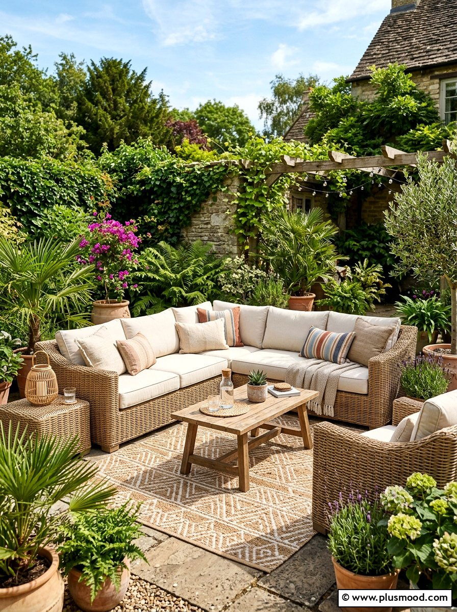 Woven wicker lounge area - 25 summer rustic backyard ideas