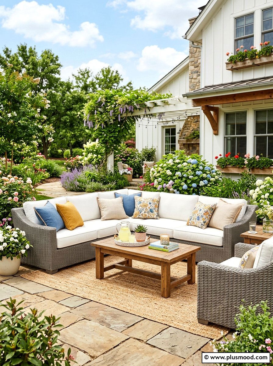 Woven wicker patio furniture - 25 summer farmhouse outdoor entertaining ideas