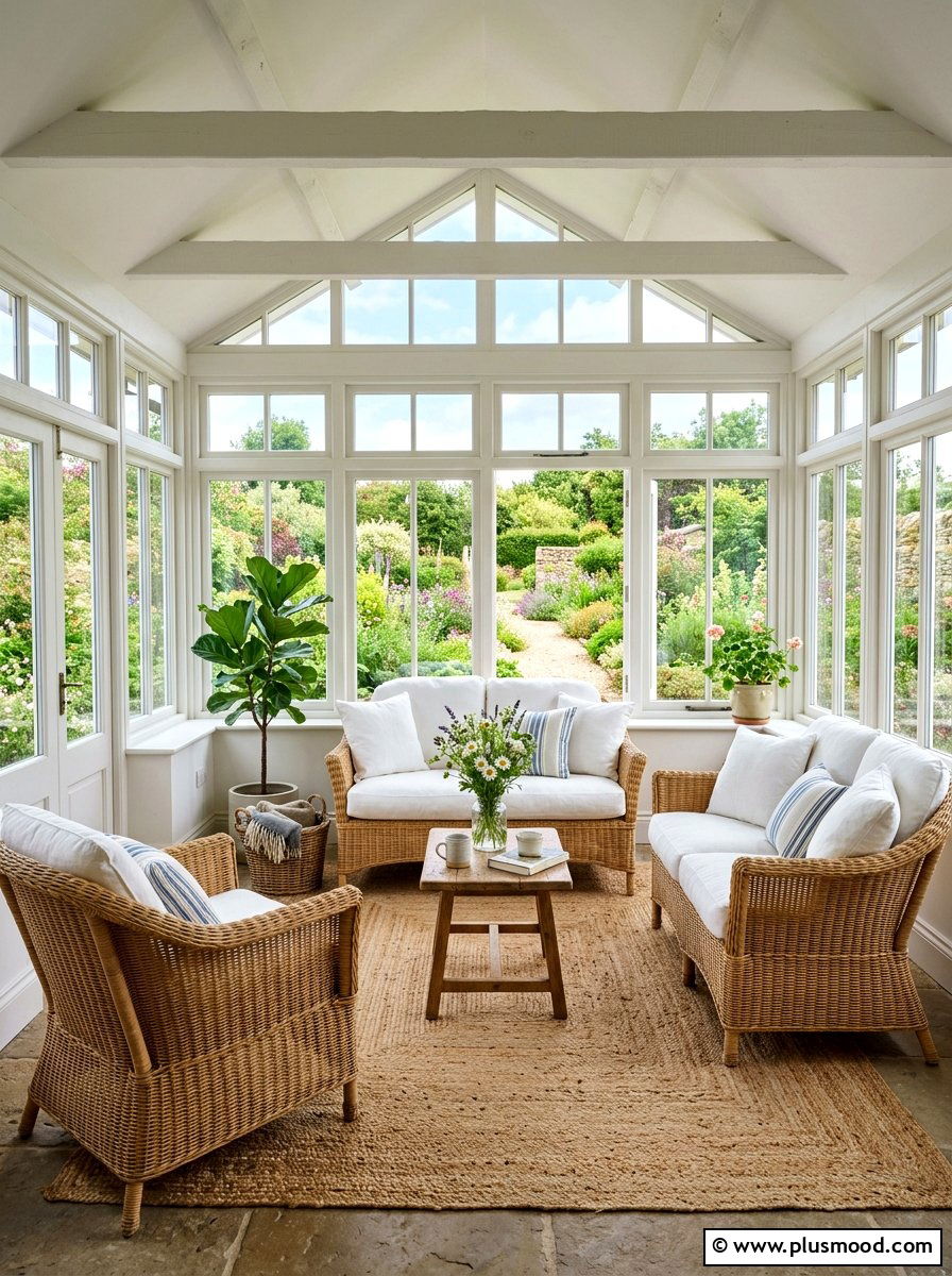 Woven wicker sunroom seating - 25 late summer farmhouse decor ideas