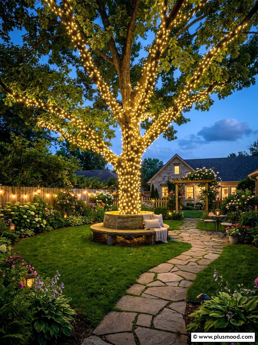 Wrapped Tree Lights - 25 small backyard ideas with string lights