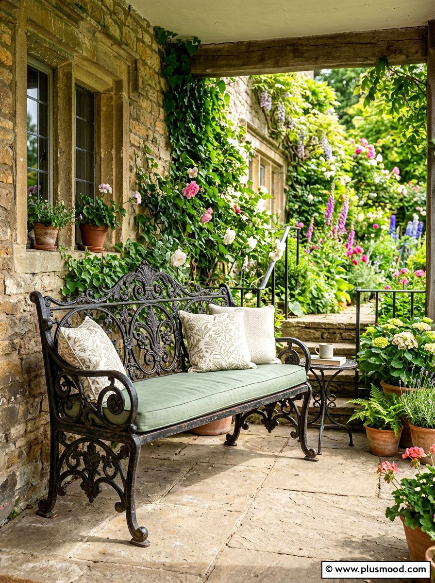 Wrought Iron Bench - 25 late summer porch decor ideas