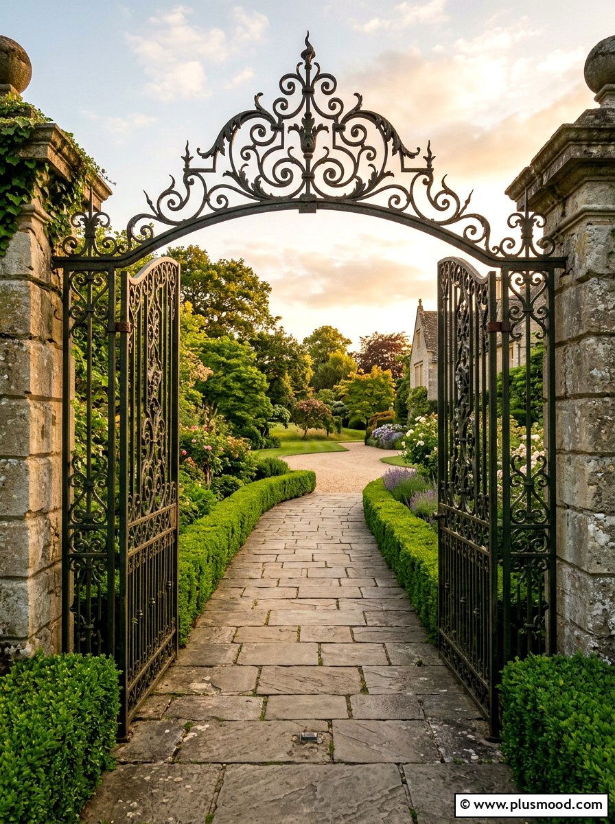 Wrought Iron Gate With Stone Path - 25 small backyard ideas with gate entry