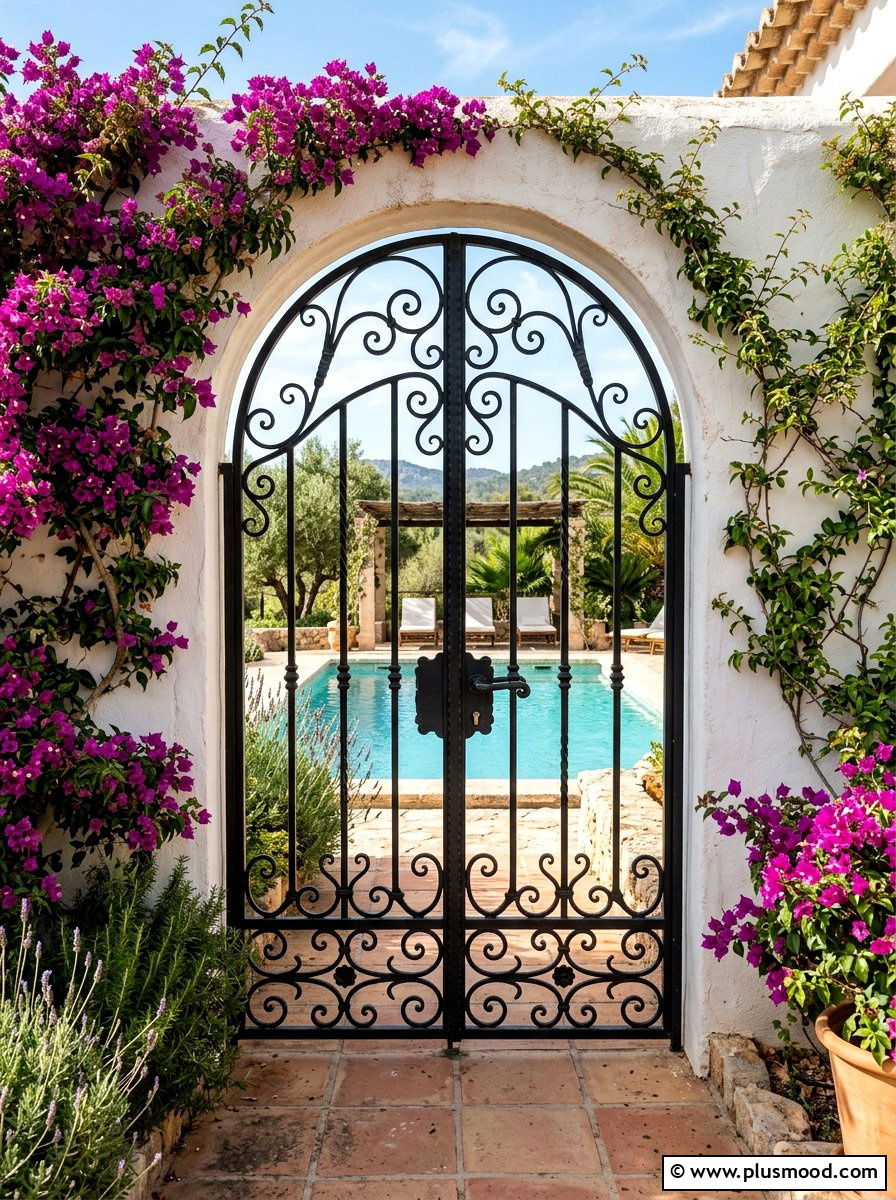 Wrought Iron Pool Gate - 25 pool landscaping ideas for Mediterranean style