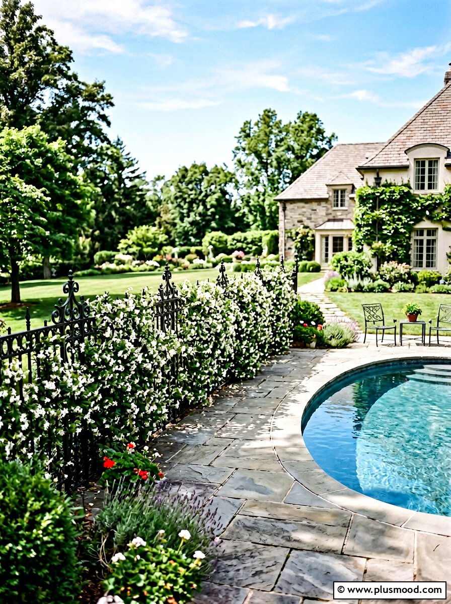 Wrought iron fence with jasmine - 25 pool landscaping ideas for privacy screen
