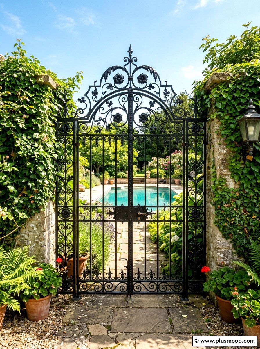 Wrought iron gate - 25 pool landscaping ideas for cottagecore theme