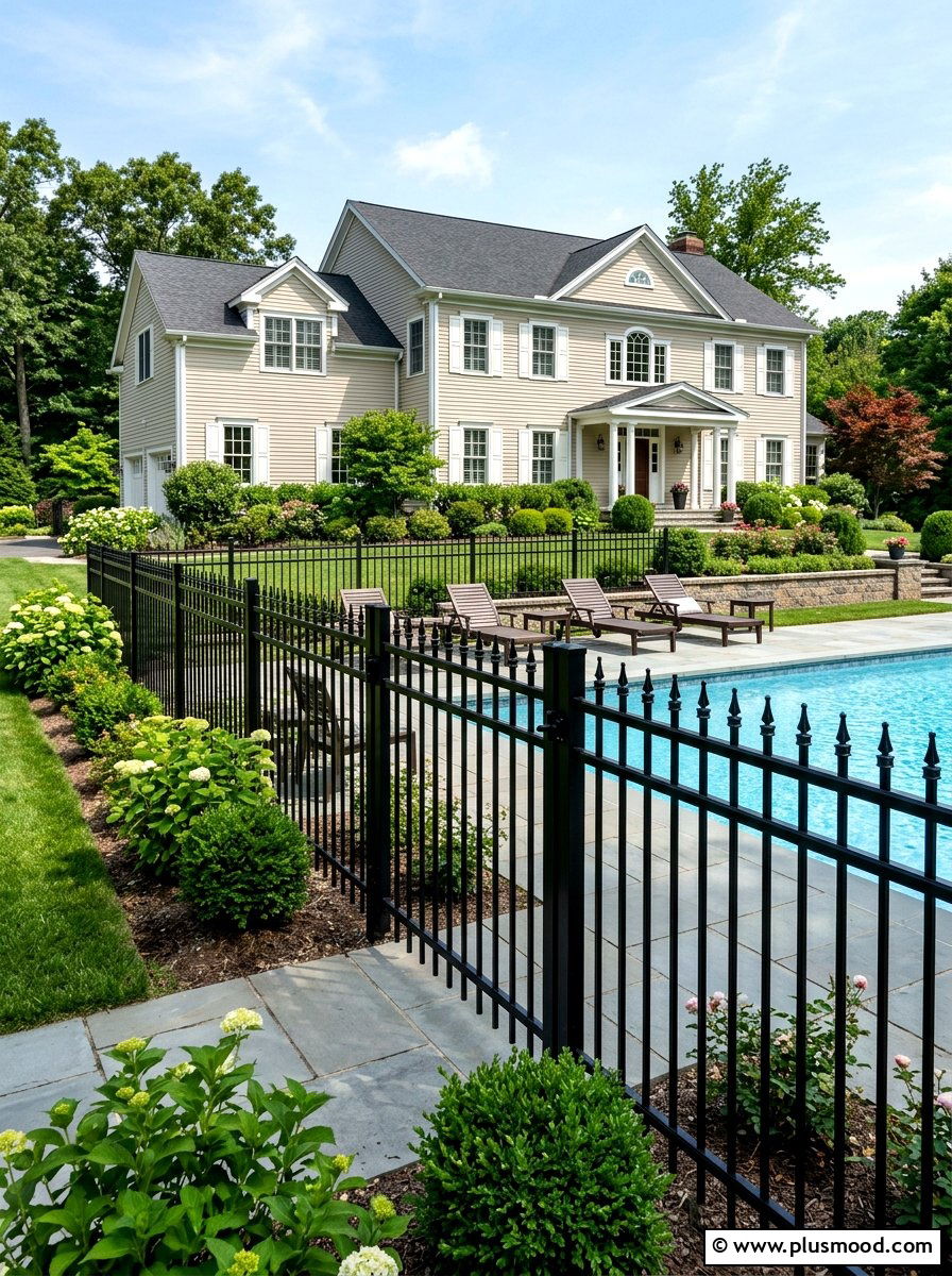 Wrought iron pool fence - 25 pool landscaping ideas for colonial homes