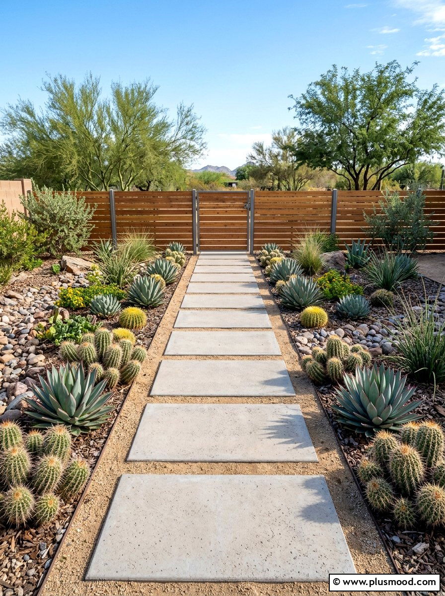 Xeriscape pathway - 25 small backyard ideas with cactus garden