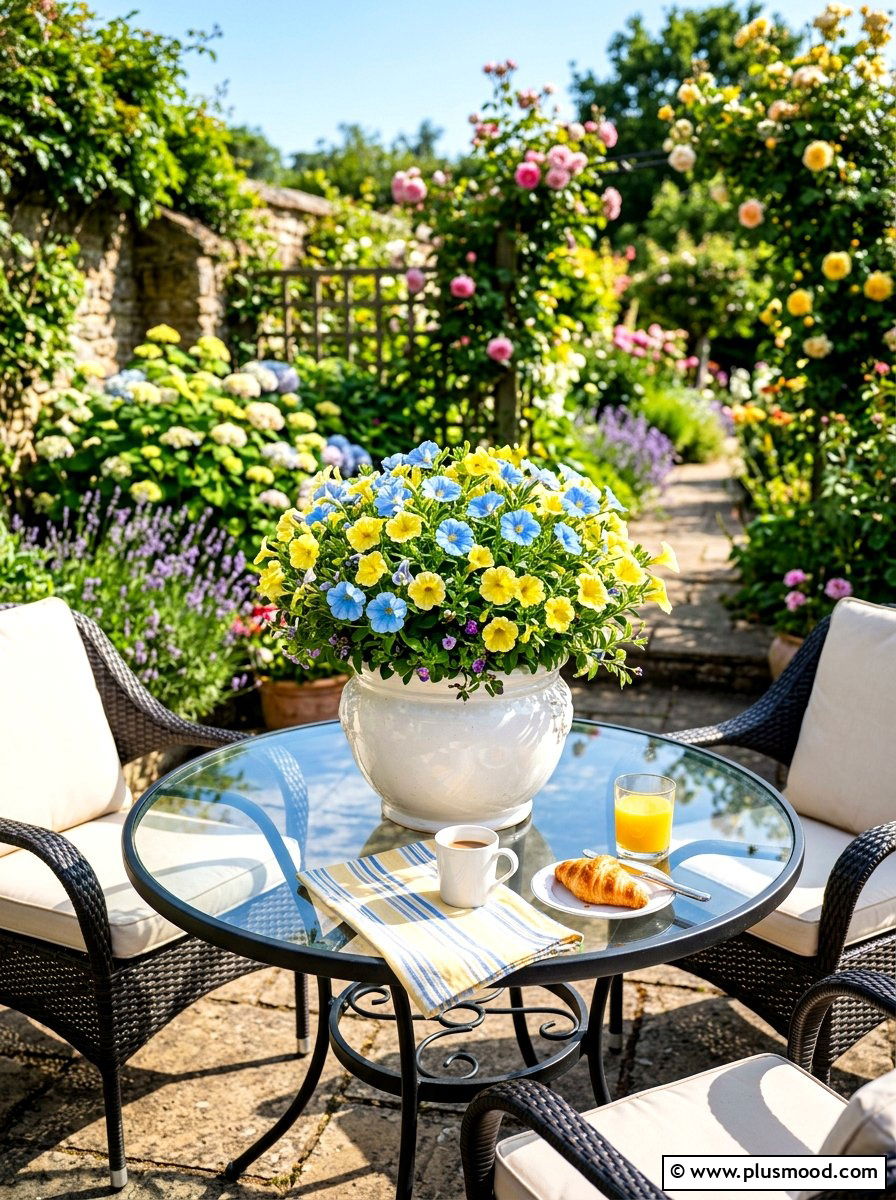 Yellow And Blue Petunia Container - 25 summer planters with petunias ideas