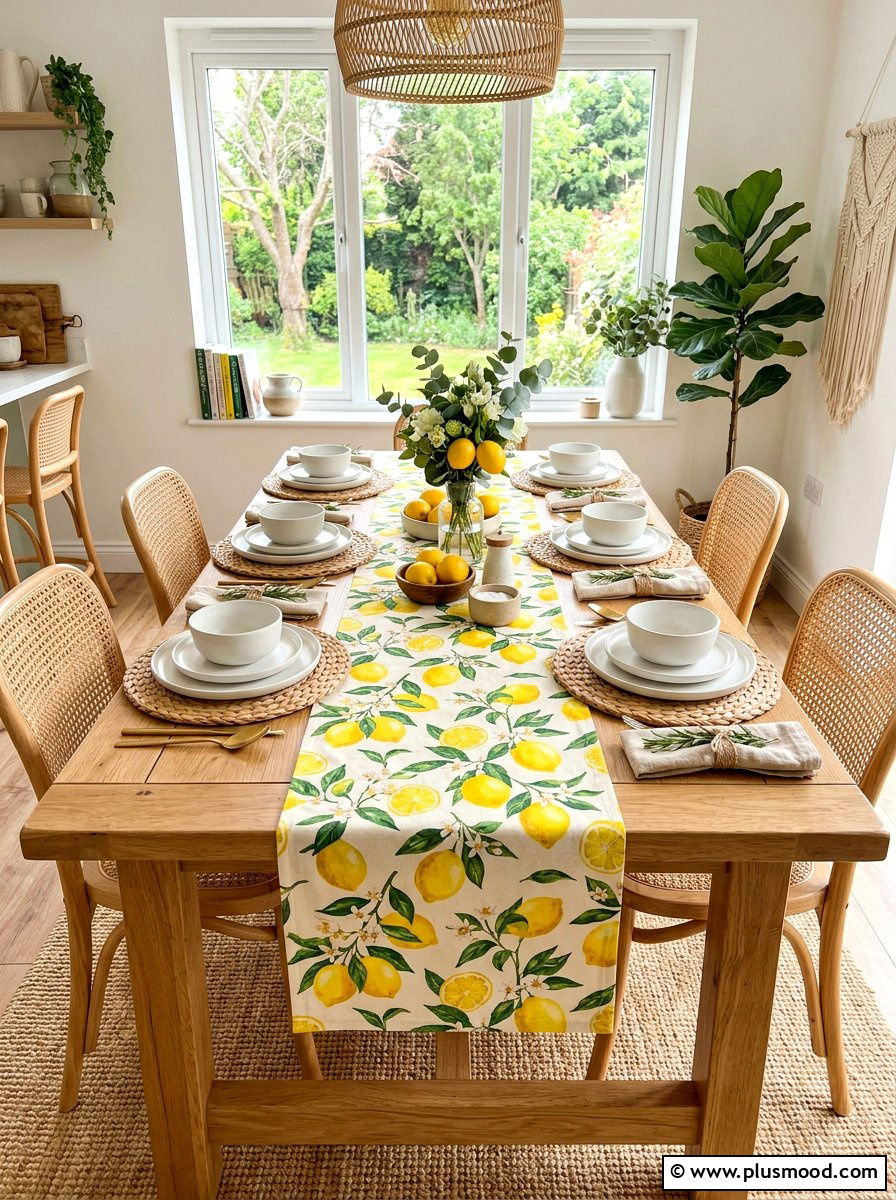 Yellow Citrus Table Runner - 25 summer kitchen decor ideas with lemons