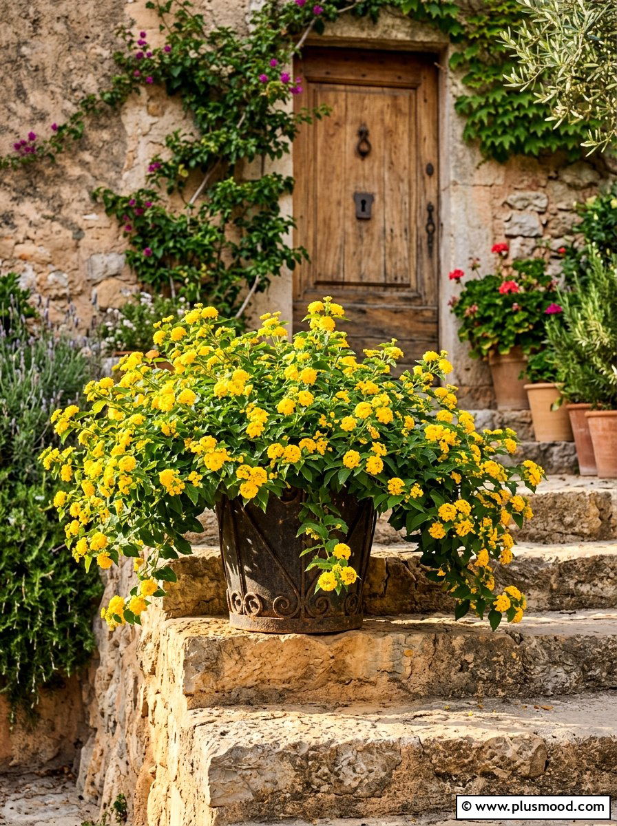 Yellow Lantana Heat Tolerant Planter - 25 summer container ideas for front door