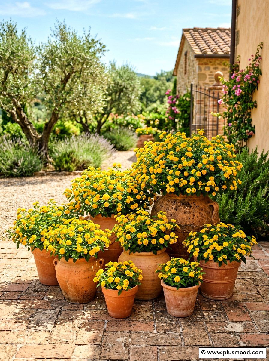 Yellow Lantana In Terracotta Pots - 25 summer planters with lantana ideas
