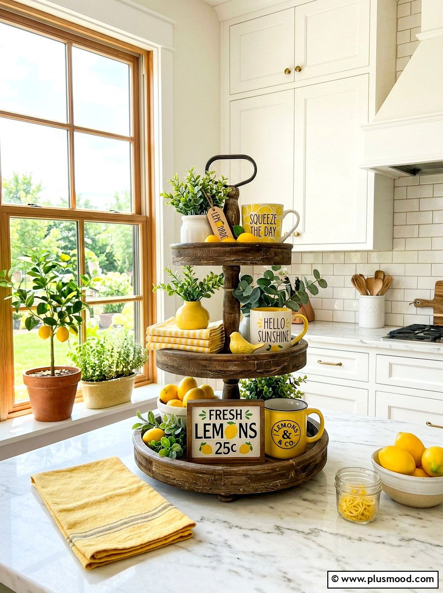 Yellow Lemon Tiered Tray - 25 summer lemon kitchen decor ideas