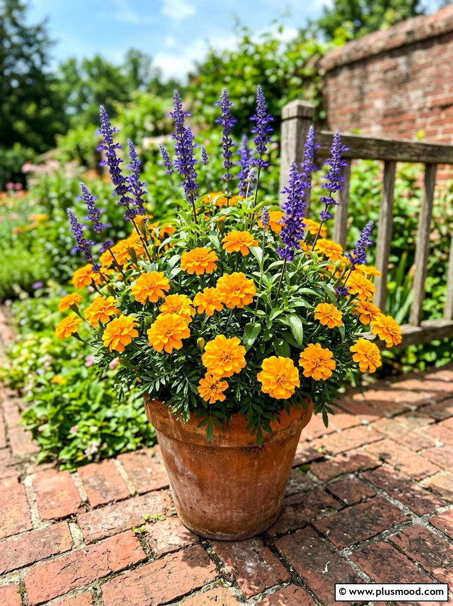 Yellow Marigold And Blue Salvia - 25 summer flower pot arrangement ideas for front porch