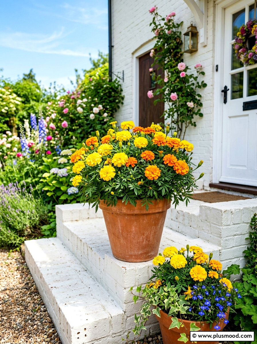 Yellow Marigold Porch Pot - 25 late summer planter ideas for porch