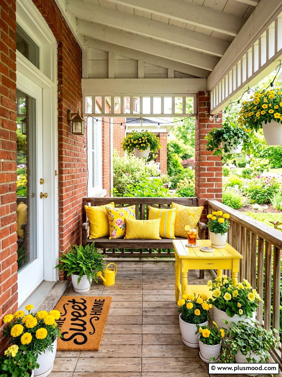 Yellow accents for brick house porch - 25 summer front porch decor ideas for brick house