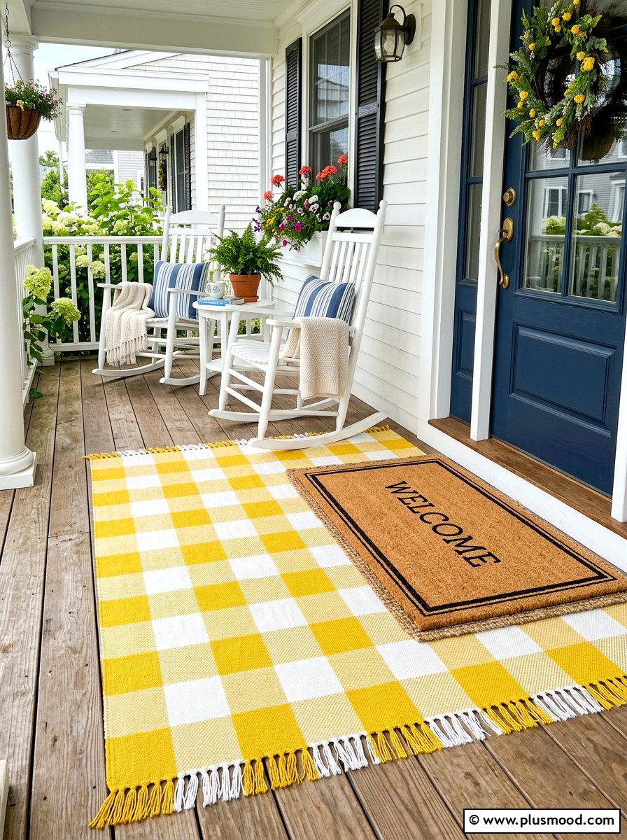 Yellow buffalo check rug - 25 summer front porch decor ideas with lemons