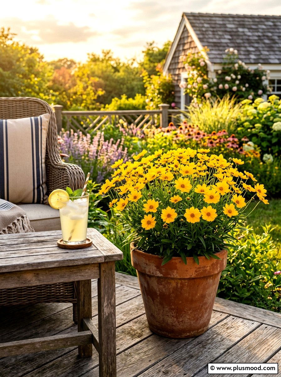 Yellow coreopsis garden pot - 25 summer monochrome planter ideas