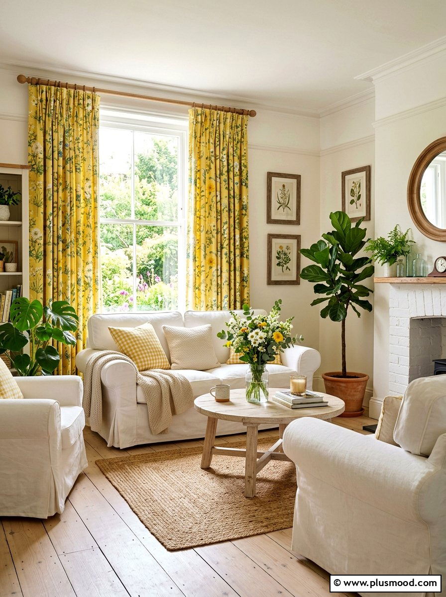 Yellow floral living room curtains - 25 yellow summer living room ideas