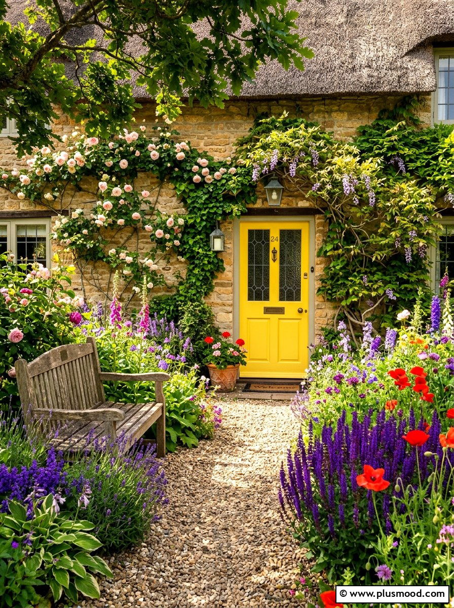 Yellow front door cottage style garden - 25 summer yellow front door ideas