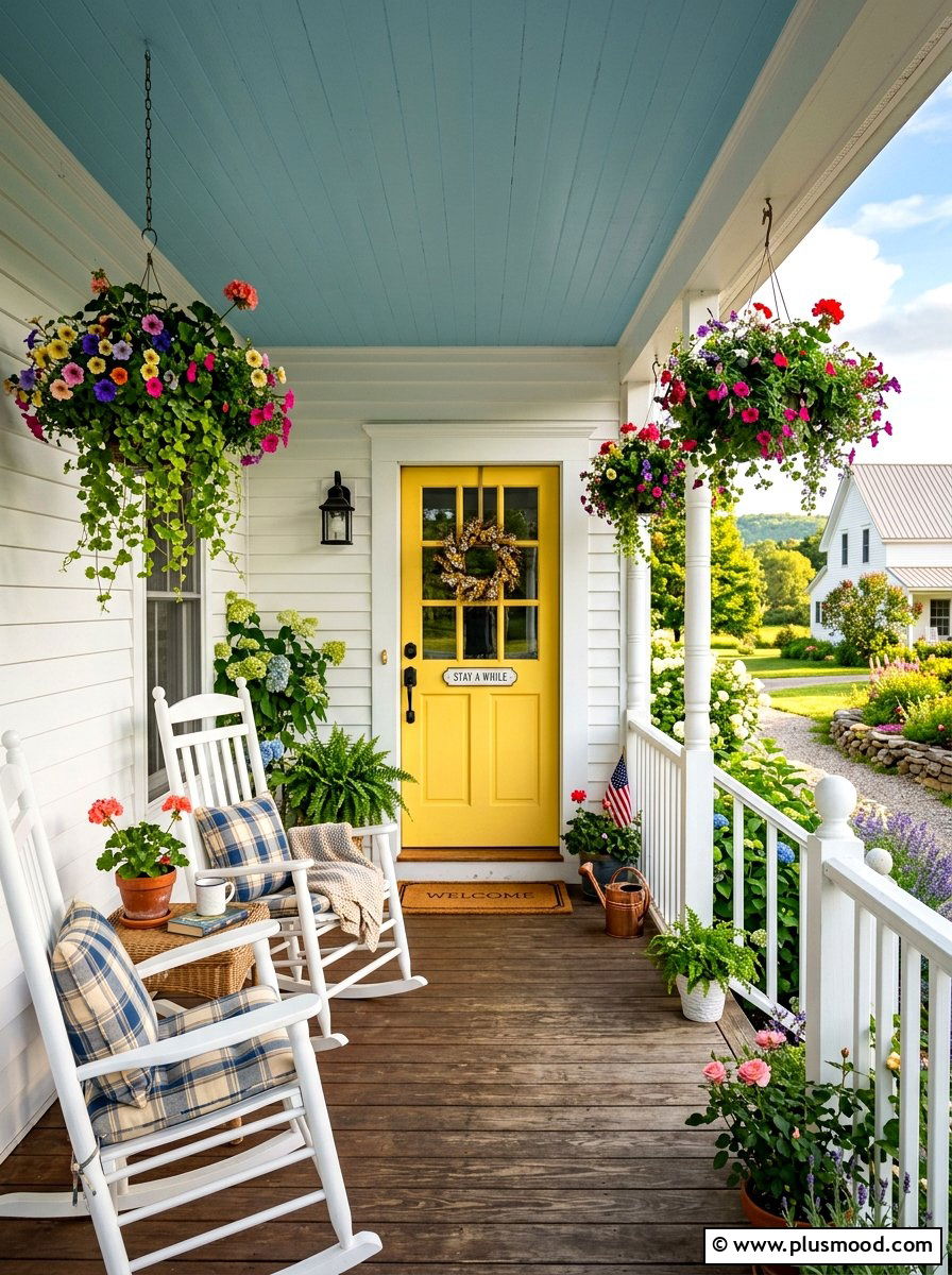 Yellow front door farmhouse porch - 25 summer yellow front door ideas