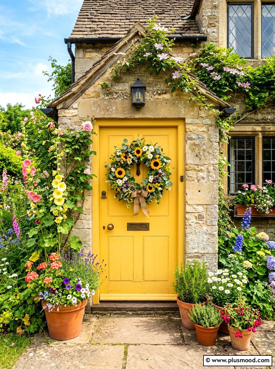 Yellow front door floral wreath - 25 summer yellow front door ideas
