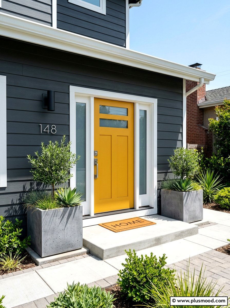 Yellow front door gray house - 25 summer yellow front door ideas