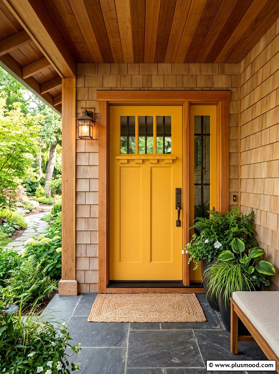 Yellow front door natural wood accents - 25 summer yellow front door ideas