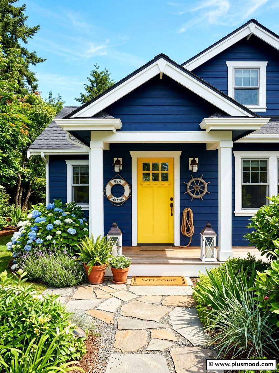 Yellow front door navy blue house - 25 summer yellow front door ideas