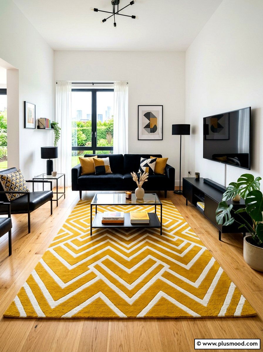 Yellow geometric living room rug - 25 yellow summer living room ideas