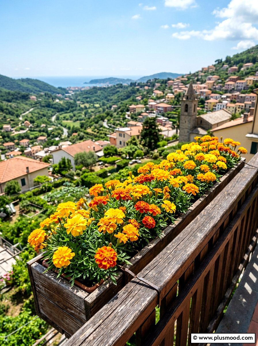 Yellow marigold planter box - 25 summer balcony flower ideas