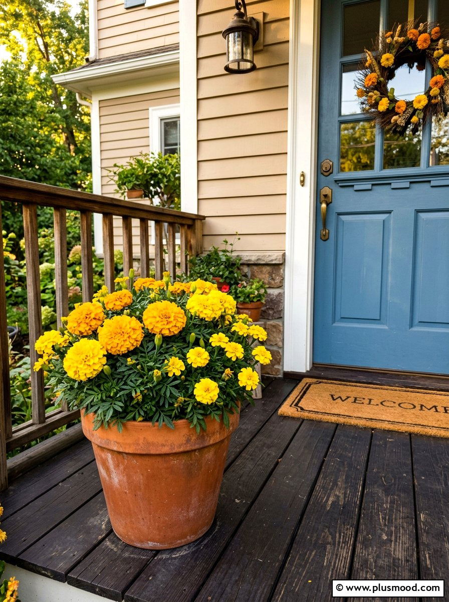 Yellow marigold porch pot - 25 summer monochrome planter ideas