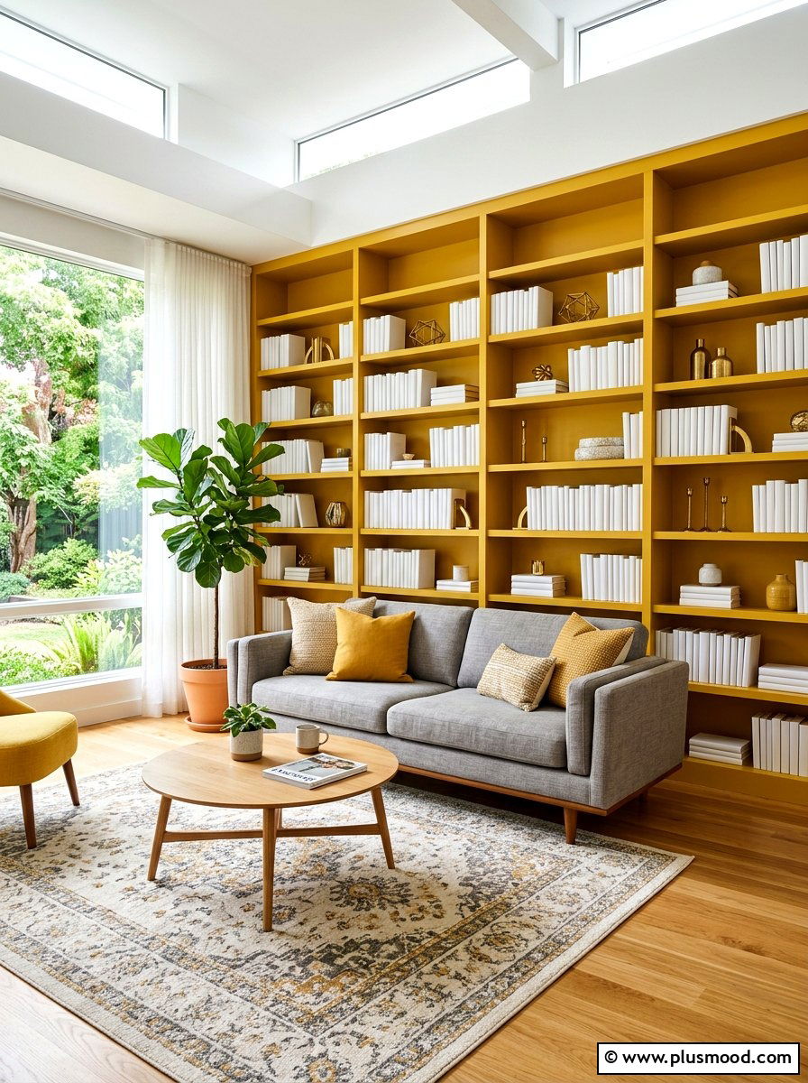 Yellow painted living room bookshelves - 25 yellow summer living room ideas