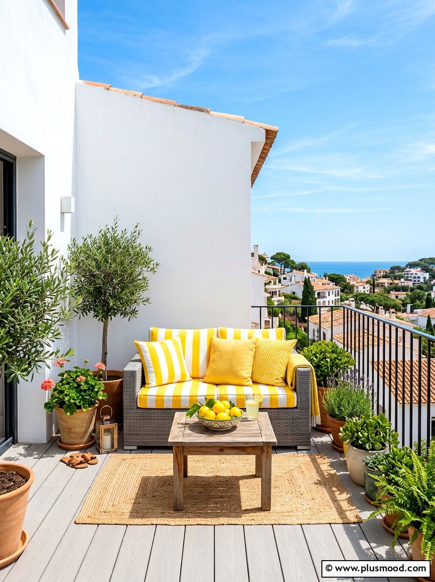 Yellow striped cushions - 25 summer colorful balcony ideas