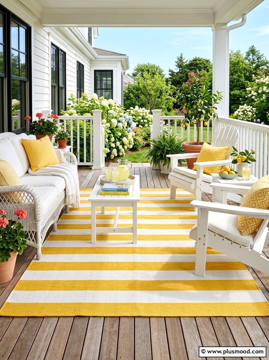 Yellow striped rug - 25 summer front porch decor ideas with lemons