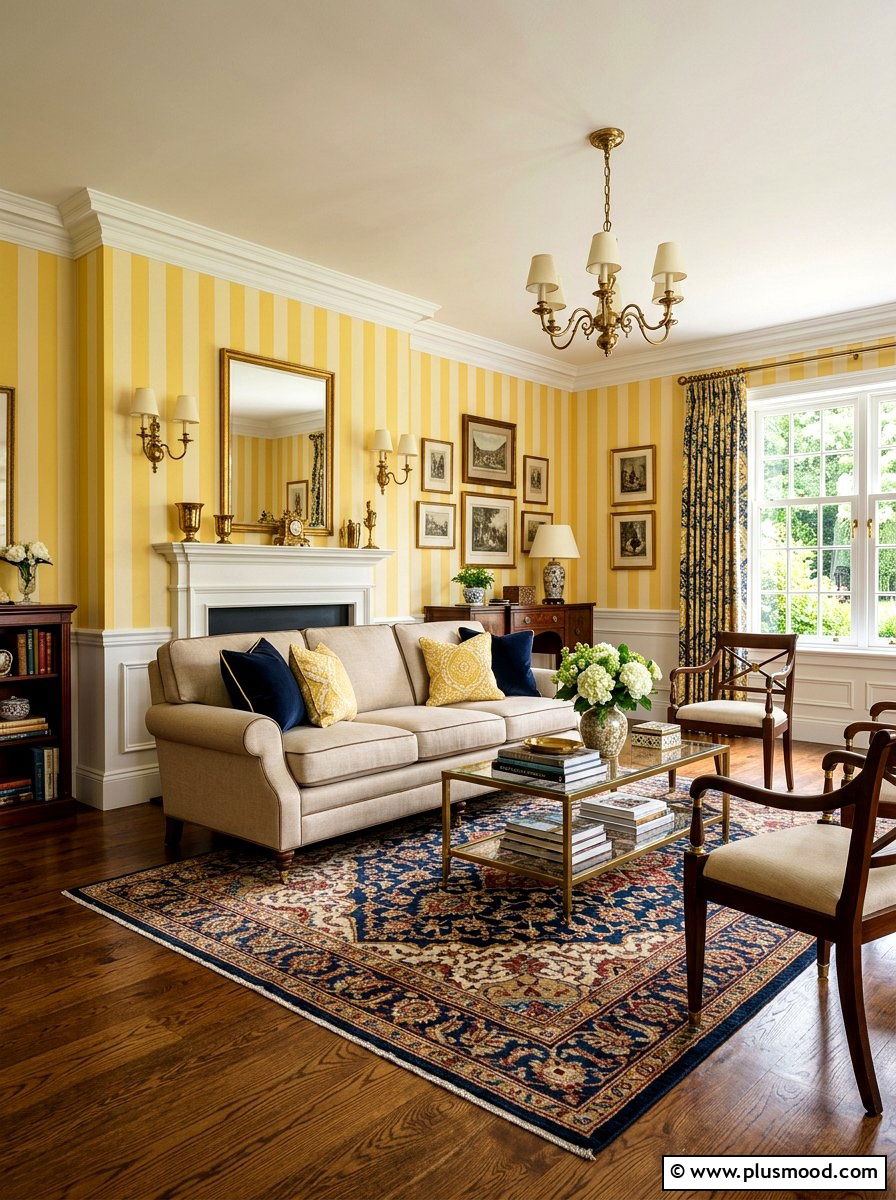 Yellow striped wallpaper living room - 25 yellow summer living room ideas