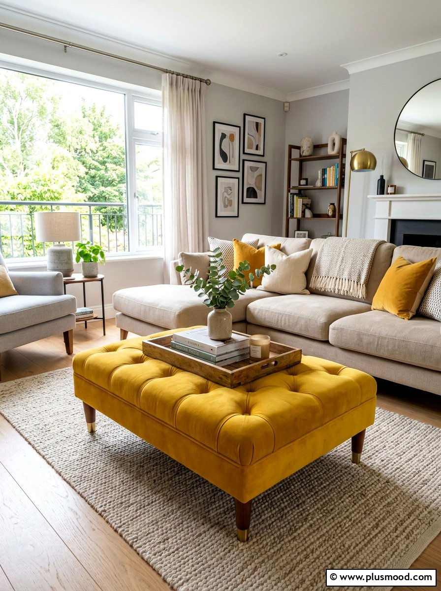 Yellow velvet living room ottoman - 25 yellow summer living room ideas