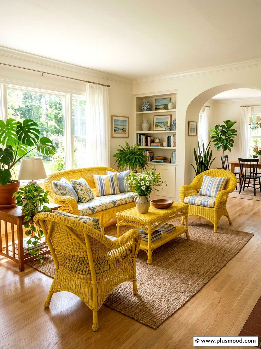 Yellow wicker living room furniture - 25 yellow summer living room ideas