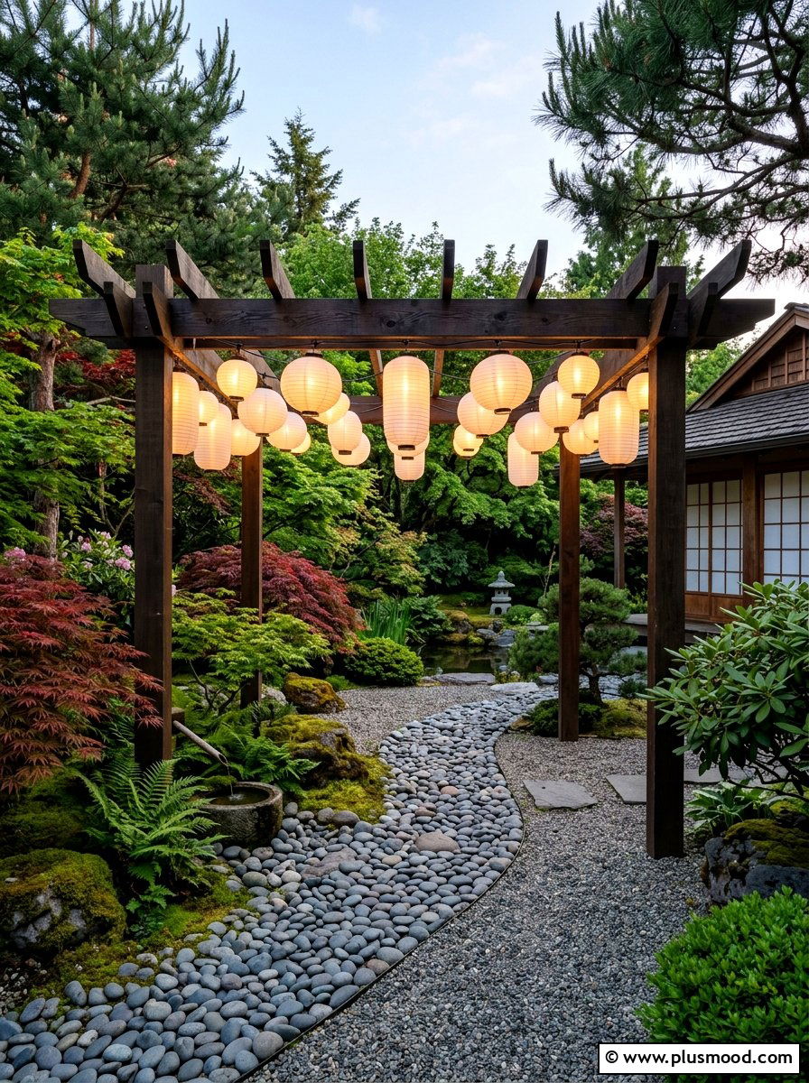 Zen Backyard Paper Lanterns - 25 small backyard ideas with pergola lights