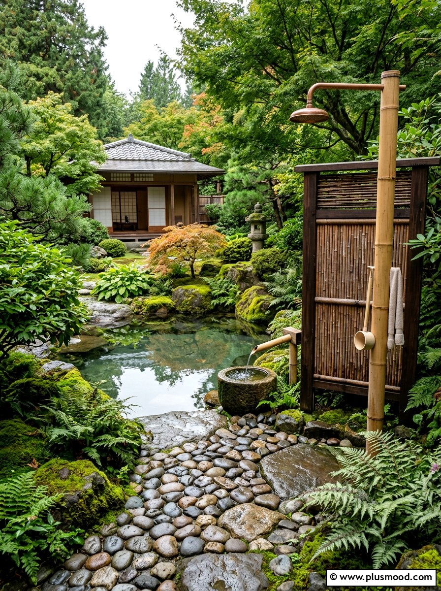 Zen Garden Pool Design With Bamboo Shower - 25 pool landscaping ideas with outdoor shower