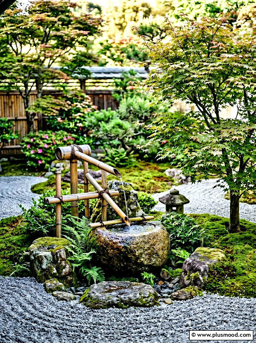 Zen Garden With Bamboo Fountain - 25 small backyard ideas with fountain