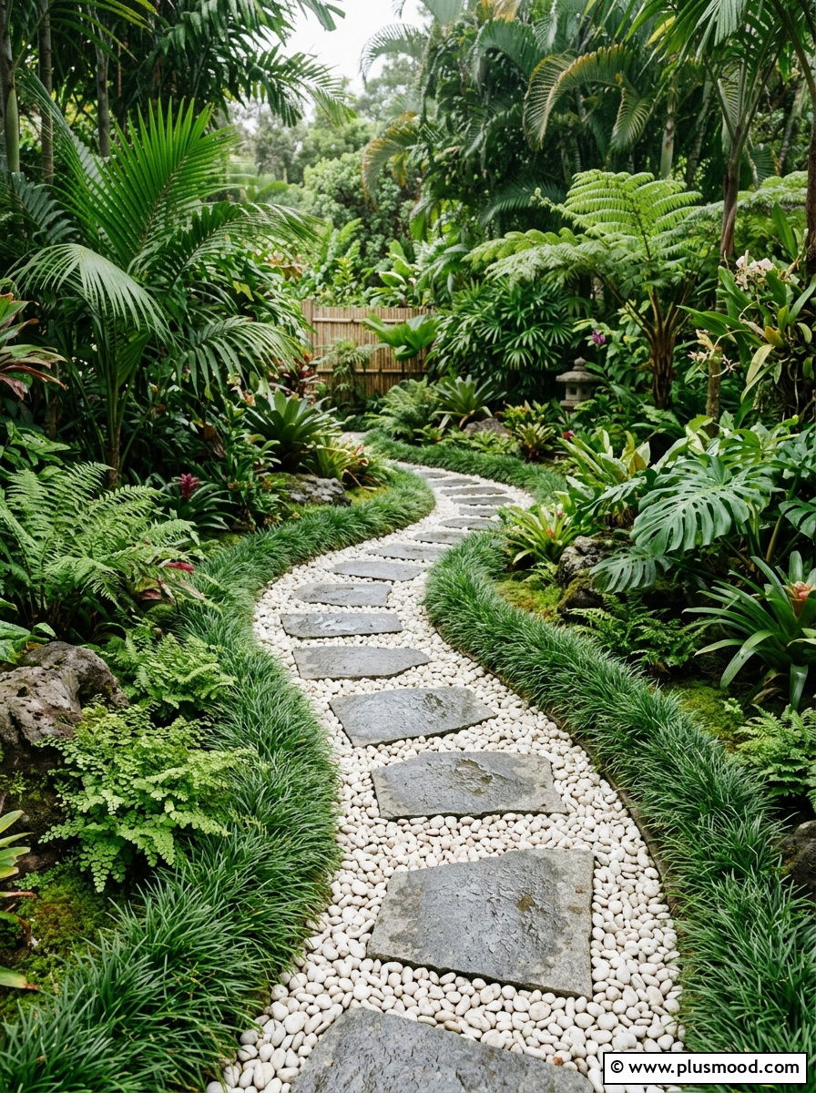 Zen Tropical Garden Pathway - 25 outdoor garden decor ideas with tropical plants